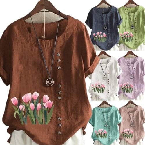 Womens New Fashion O-neck Flowers Printed Short Sleeve Tops Loose Linen T-Shirt Casual Blouse S-5XL
