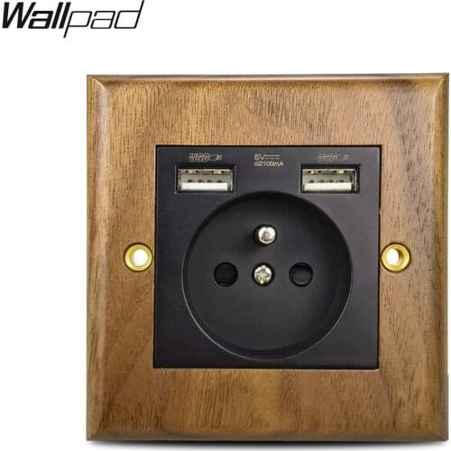Wood USB French Socket Wallpad WALNUT Wood frame 16A EU Belgium Poland Wall Power Outlet with 2 USB Charging Ports 110V-240V AC