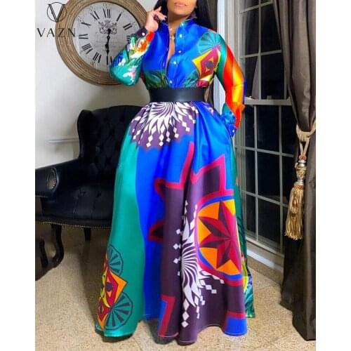 VAZN 2021 Early Autumn Plus Size High-end Full Sleeve Chiffon Mature Daily Free High Waist Women A-Line Maxi Dress