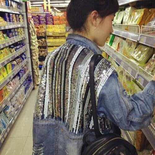 Plus size New fashion Brand bling bling Sequins Denim Jacket Outerwear womens Oversize Loose Jeans Coat great quality wj126