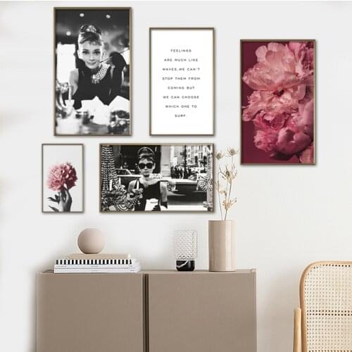 Fashion Women Poster Audrey Hepburn Black and White Canvas Painting Flower Figure Wall Art Picture for Living Roon Home Decor