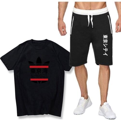Japanese Streetwear Cotton Summer fashion TShirt tracksuit men Two Piece Set off white short Sleeve short Tops And middle Shorts