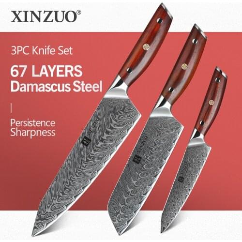 XINZUO 3 PCS Kitchen Knives Sets Damascus Steel VG10 Santoku Chef Utility Kitchen Knives Super Sharp Knives Gift Knife Tools