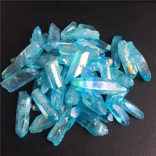 Natural gemstone blue rainbow aura clear quartz crystal point specimen for home decoration