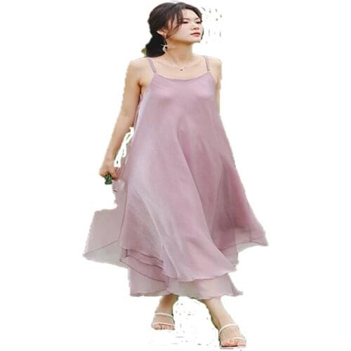 2021 New Fragrant Purple First Love Fairy Elegant Gentle Wind Sweet Show Thin French Suspender Seaside Holiday Travel Dress