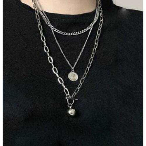 New Trendy Metal Ball Coin Cross Pendant Multilayer Punk Design Long Chain Statement Necklace For Women men Jewelry Gifts