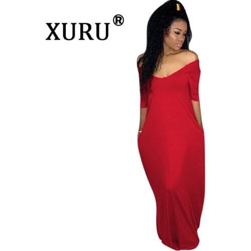 XURU new womens large size loose dress solid color loose shoulder short sleeve pocket casual dress pink red gray black dress
