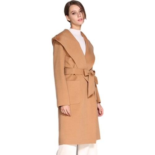 Autumn Winter Coat Double-Sided Cashmere Womens Korean Overcoat Hooded Clothes Mid-Length Belt Woolen Jacket Female Outerwear