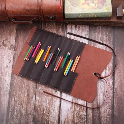 Personalized Leather Roll Case-Genuine Retro Roll Up Pen Curtain Bag Pouch Wrap Holder-Stationery School Supplies -Tool Organize