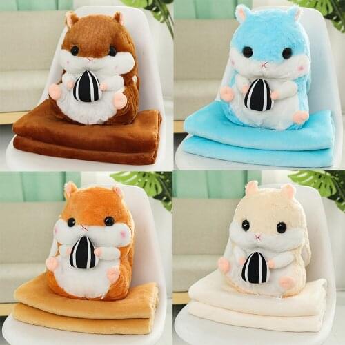Pink Blue Gray Plush Pillow Cushion 2 in 1 Cute Hamster Plush Toy Blanket Stuffed Animal Dolls Pillow+Blanket For Office Break