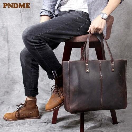 PNDME high quality crazy horse cowhide tote bags vintage simple large capacity genuine leather casual mens women handbags