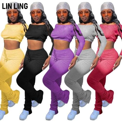 LINLING Casual One Shoulder Long Sleeve Open Waist Top and Pleated Split Micro Trumpet Skinny Stretchy Lace Up Trousers