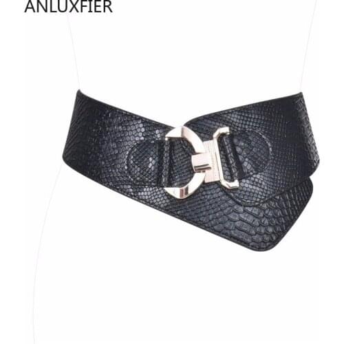 H9869 Lady Black Wide Belt Female High Quality Fashion Elastic Waistband Python Serpent Grain Decoration Metal Buckle Waist Seal
