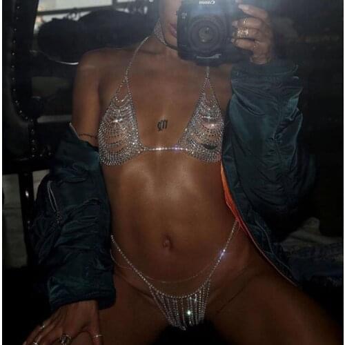 Sexy Crystal Rhinestone Bikini Set Harness Bra Chest Chain Neckalce Underwear Body Jewelry Women Female Night Club Gift
