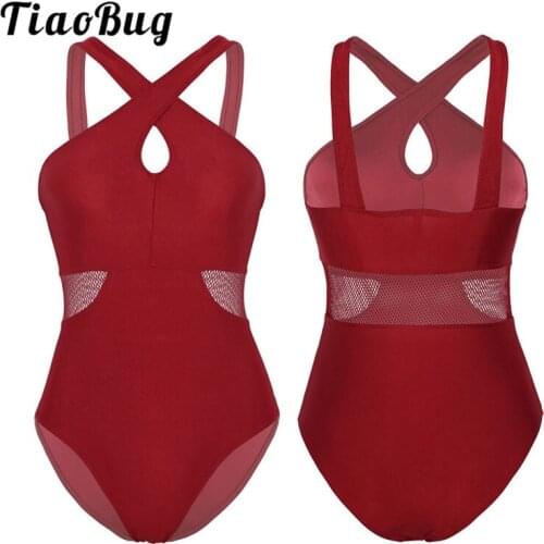TiaoBug Adult Polyester Fishnet Splice High Cut Sexy Bodysuit Women Ballet Dance Costume Gymnastics Leotard Stretchy Dancewear