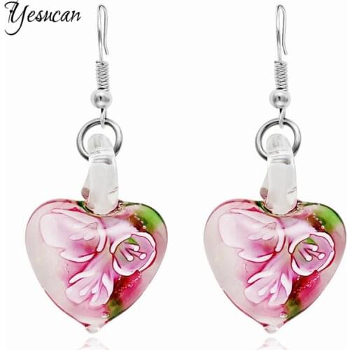 Yesucan Heart Flower Dangle Earrings Lampwork Water Drop Shape Murano Glass Pendant Fashion Jewelry for Bohemia Cute Gift Bijoux