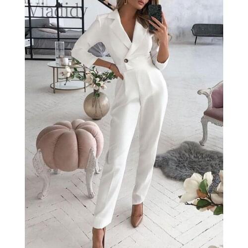Women Office Style Button Design Long Sleeve V Neck Jumpsuit Women Romper