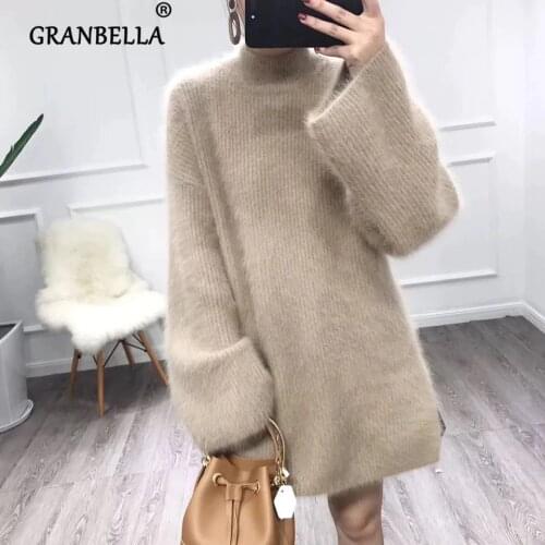 2021 Loose Flare Sleeve Faux Mink Velvet Knitted Women Midi Long Sweater Oversize Turtleneck Casual Solid Color Pullovers Female