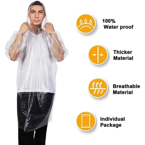 Hot 10Pcs Disposable Rain Ponchos Transparent Waterproof Raincoat With Drawstring Hoods Portable Raincoat Outdoor Activities