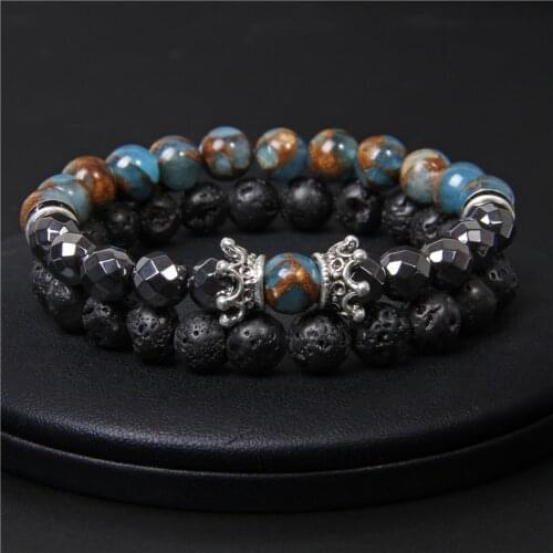 2pcs/set Handmade Men Charm Bracelet Natural Cloisonne Lava Stone Beads Bracelet Fashion King Crown Hematite Bracelet Jewelry