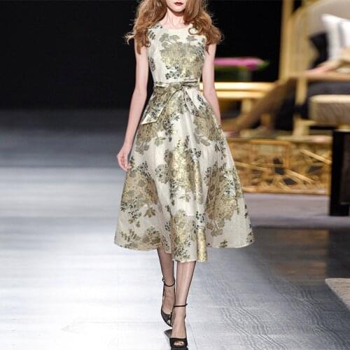 2021 Vintage Dress Summer New Fashion Design Women Runway Jacquard Golden Flowers Printed Sleeveless Slim Dresses