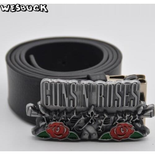 5 PCS MOQ WesBuck Brand American classic hard rock band Roses Buckle for zinc alloy metal vintage belt buckle With PU Belt