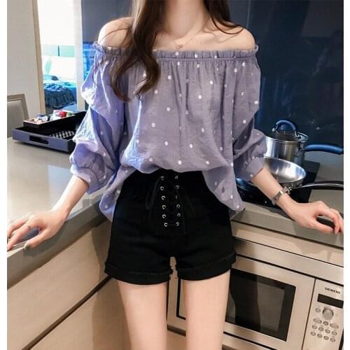 Summer off shoulder Lantern Sleeve shirt polka dot womens 3/4 sleeve loose tops slash neck female puff sleeve blouses plus size