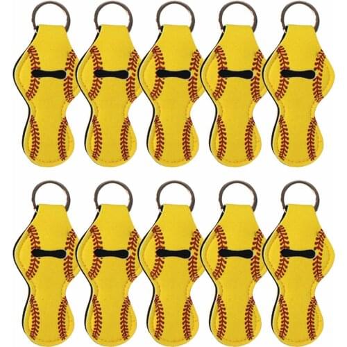 10pcs Yellow Softball Style Neoprene Chapstick Holder Keychain Bulk Blank Softball Key Chain Holder Novelty Party Holiday Gifts
