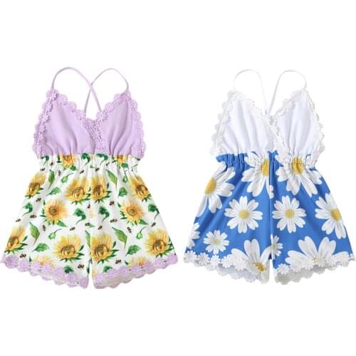 Baby Romper, Kids Girls Daisy Flower Print V-Neck Sleeveless Jumpsuit Playsuit for Summer, White/Purple, 0-3 Years