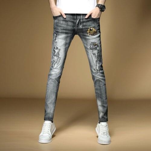 Spring Autumn Embroidered Flower Personality Ripped Jeans Mens Korean Style Trendy Stretch Slim Pants Beggar cow pencil Pants