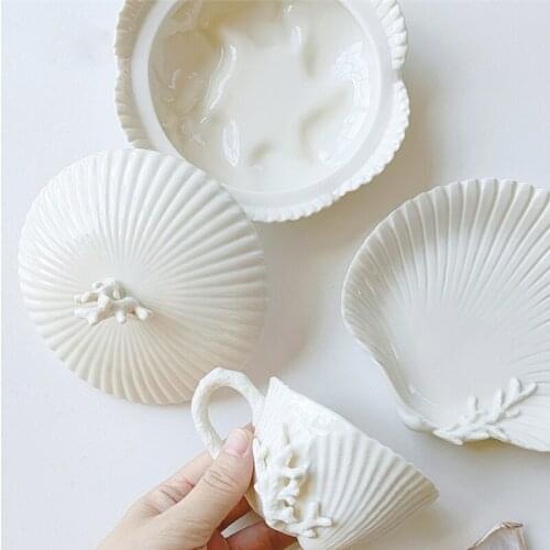 European Ceramic Creamy-White Shell Coffee Cup And Saucer Afternoon Tea Set Vintage Relief Mugs Porcelain Drinkware