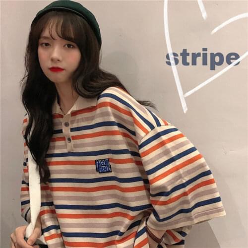 Cotton Striped T Shirt Cute Harajuku Oversize Polo Tops Autumn Japan Women Casual High Street Special Funny Summer Clothes Girls