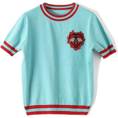HLBCBG Bee Pattern Flowers Appliques Lurex Knit Top T Shirt Pullovers Knitwear Summer Top 2021 Design Clothes
