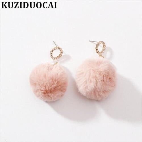 Kuziduocai 2018 New Fashion Fine Jewelry Diameter 3.3 cm Rabbit Hair Ball Circle Pearl Tassel Stud Earrings For Women Gift E-919