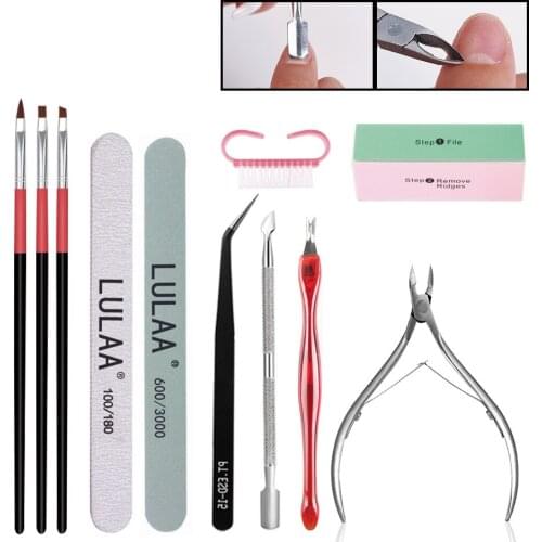 LULAA 9 Pc/set Nail Art Tool Set Polishing Strip Stainless Steel Dead Skin Scissor Fork Gel Brush Remover Gift Manicure Kit