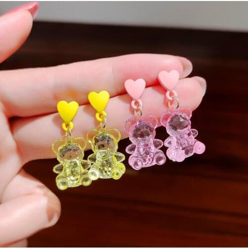 Cute Heart Bear Dangle Earring Sweet Trendy Colorful Transparent Resin Bear Animal Earrings For Women Girls Fashion Jewelry