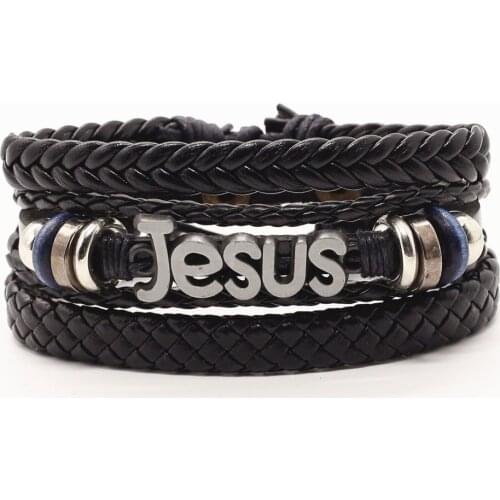 New Arrival Punk Vintage Men Leather Bracelets For Women Bangles Eye Skull Cross JESUS Charm 3 Pcs/Set Homme Gift Jewelry