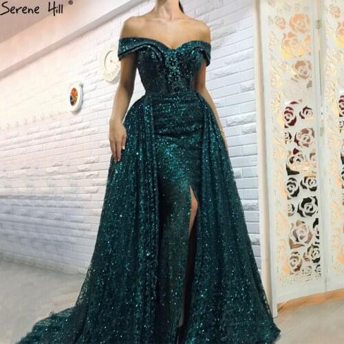 New Off Shoulder Removable Train Sexy Evening Dresses 2020 Dark Green Glitter Long Mermaid Fashion Evening Gowns LA6362