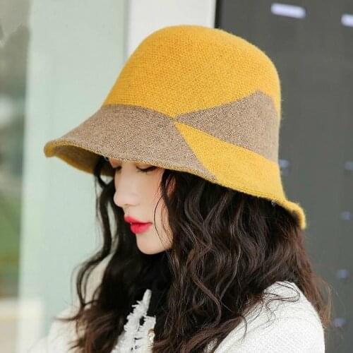 New Winter Bucket Hat Wool Knitted Fisherman Hats for Women Yellow Hat Female Korean Style Thick Warm Windproof