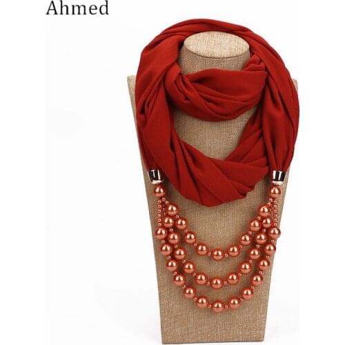 Ahmed New Design Multilayer Pearl Pendant Scarf Necklace for Women Silk Head Scarves Fashion Collar Necklace Jewelry