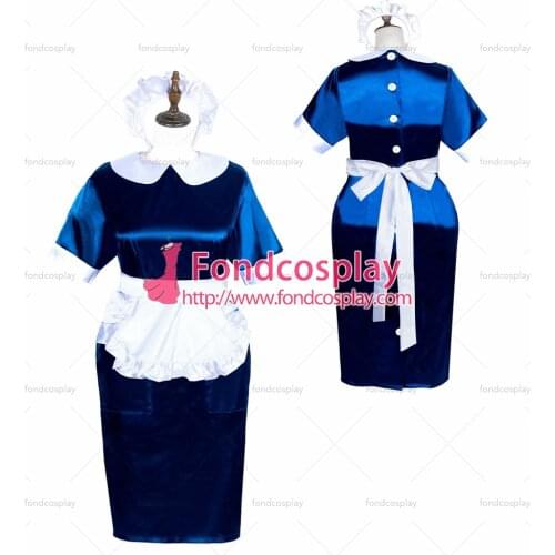 Fondcosplay adult sexy cross dressing sissy maid short French button Navy blue satin dress White button Tailor-made[G3887]