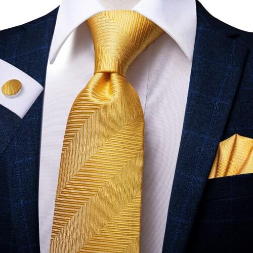 Hi-Tie Yellow Striped Mens Tie Set Luxury Silk Gold Solid Large Necktie For Men Fashion Hanky Cufflinks Set Wedding Quality