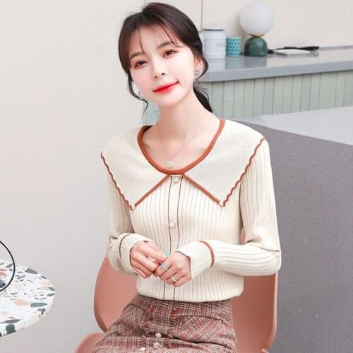Autumn Spring Style Women Knitted Pullover Tops Lady Casual Long Sleeve Peter Pan Collar Sweater Pullover ZZ1129