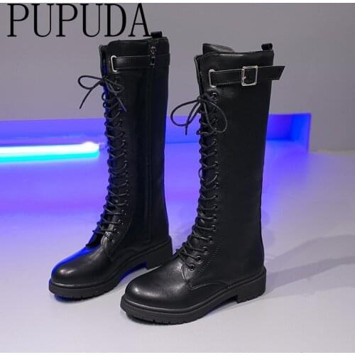 PUPUDA Women Boots Winter Knee High Boots Women Leather Casual Platform Boots Women Fashion Cowboy Shoes Female 2020