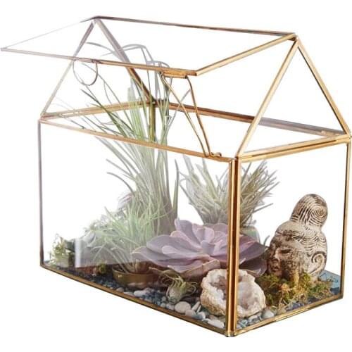 Retro geometric house shape glass micro landscape flower house copper strip glass greenhouse flower room with bracket