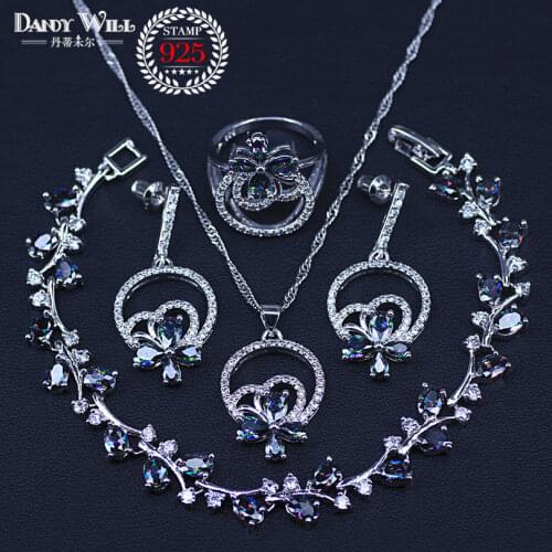 Trendy 4 Piece Natural Rainbow Big Square Stone Ring Earrings And Pendant Bracelets silver color Jewelry Set For Women