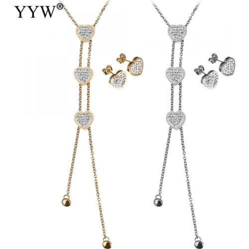 Rhinestone Clay Pave Heart Stud Earring Pendant Necklaces Stainless Steel Jewelry Set For Women Jewelry Sets