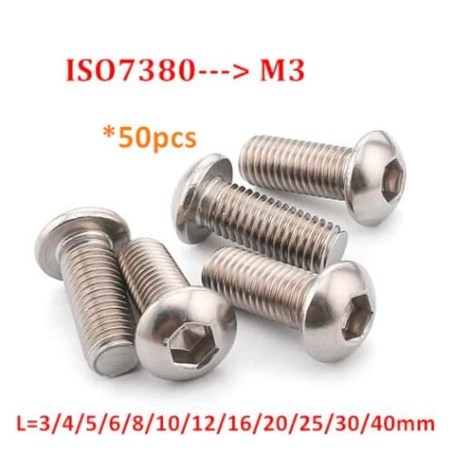 50pcs ISO7380 M3 Button Head Screw 304 stainless steel A2 Hexagon Socket Round Head Screw Hex Socket Screws Bolts