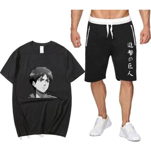 Japan Summer Anime mens sets T-shirt Sports Shorts Attack on Titan T shirt Sets homme camisetas Men Shorts T Shirts Sets