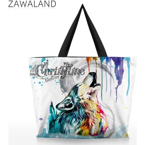 Zawaland Wolf Art Shoulder Bag Autumn Canvas Top Handle Bag Large Capacity Shopping Handbag Zipper Caual Travel Tote for Women